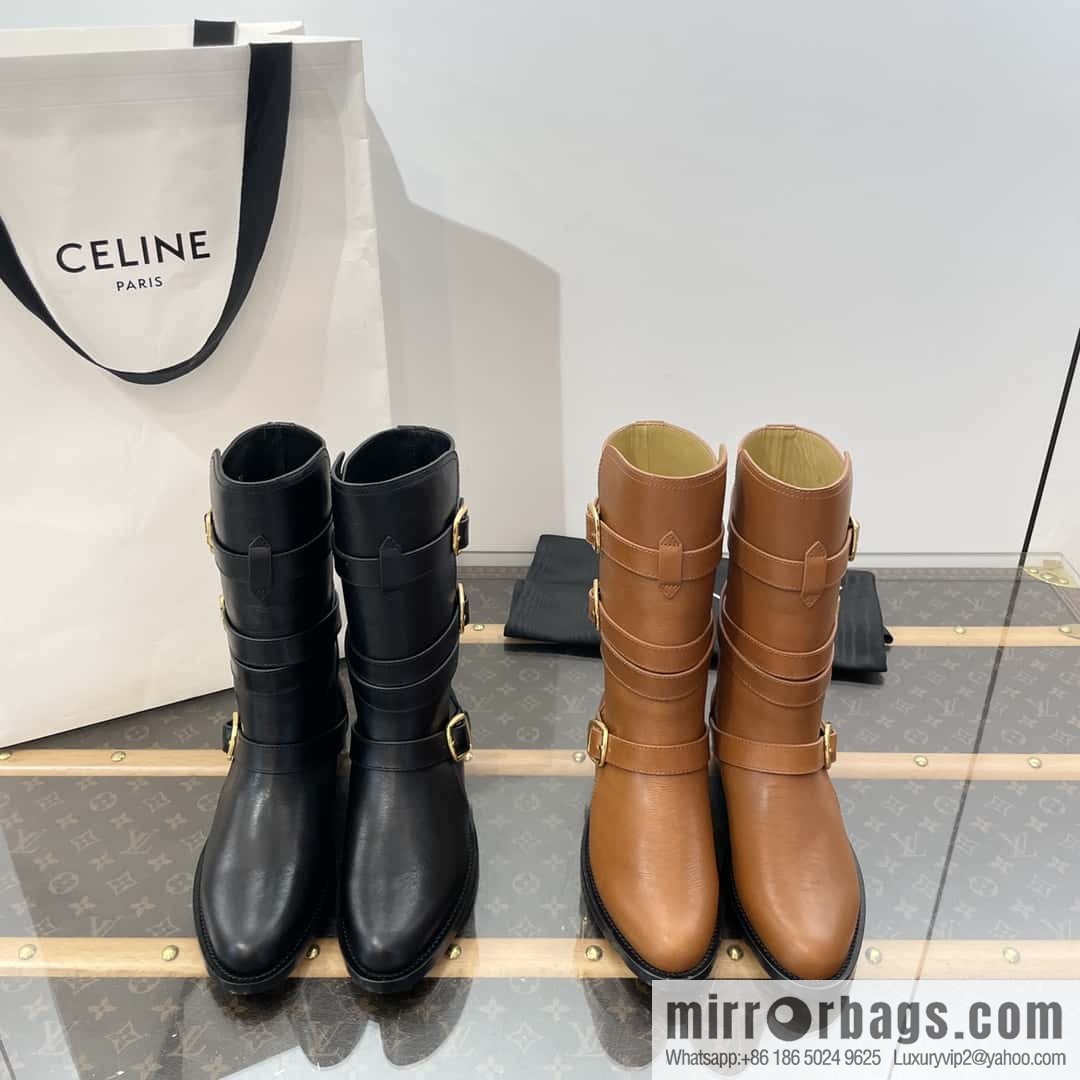 CELINE Vegetable Tanned Cow Leather Medium Tube Lace-Up Locomotive Boots