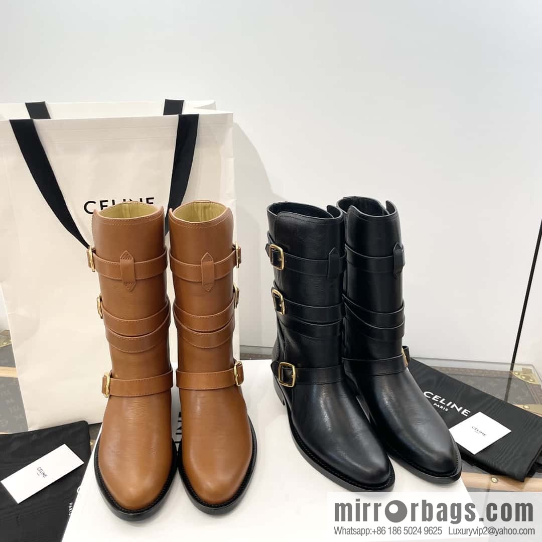 CELINE Vegetable Tanned Cow Leather Medium Tube Lace-Up Locomotive Boots