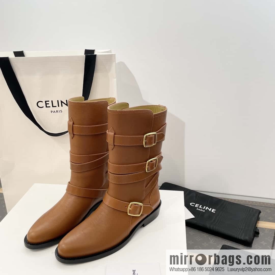CELINE Vegetable Tanned Cow Leather Medium Tube Lace-Up Locomotive Boots