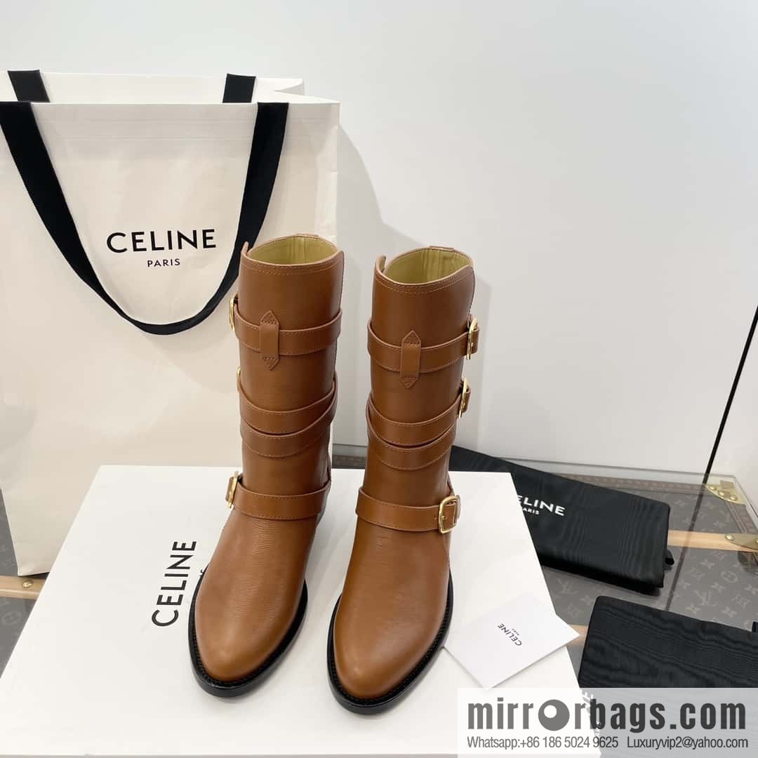 CELINE Vegetable Tanned Cow Leather Medium Tube Lace-Up Locomotive Boots