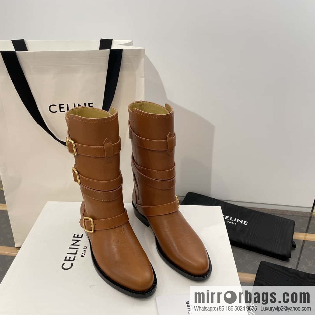 CELINE Vegetable Tanned Cow Leather Medium Tube Lace-Up Locomotive Boots