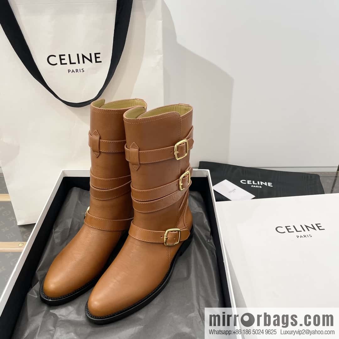 CELINE Vegetable Tanned Cow Leather Medium Tube Lace-Up Locomotive Boots