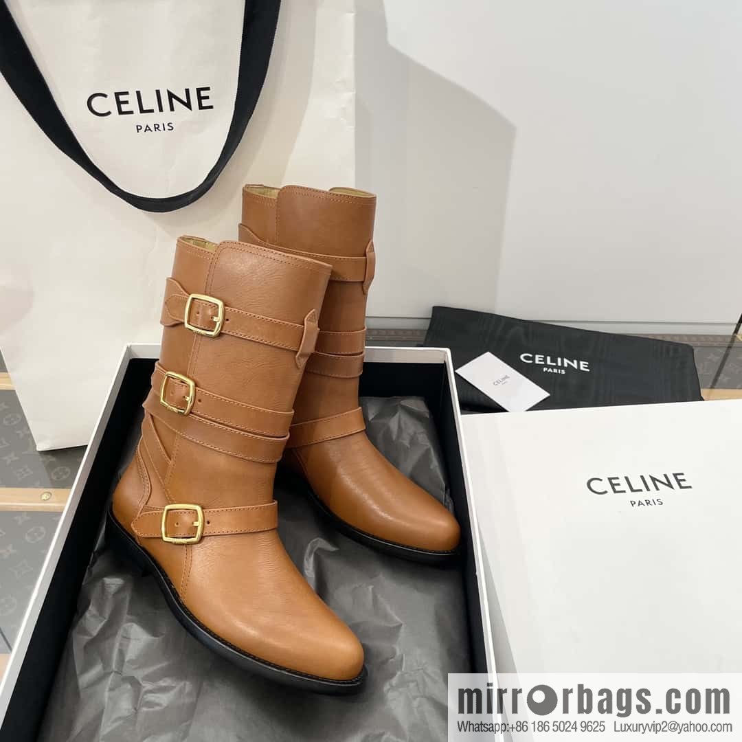 CELINE Vegetable Tanned Cow Leather Medium Tube Lace-Up Locomotive Boots