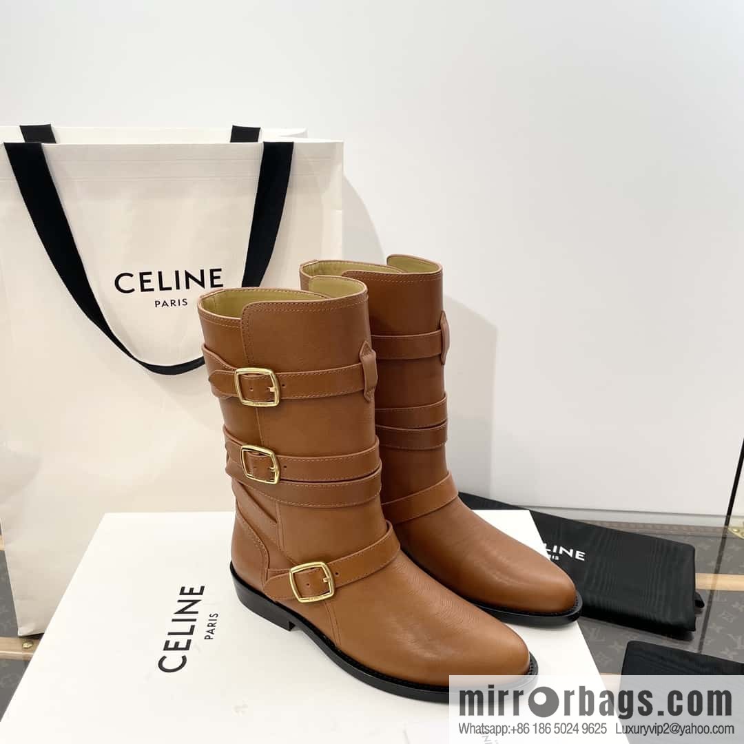 CELINE Vegetable Tanned Cow Leather Medium Tube Lace-Up Locomotive Boots