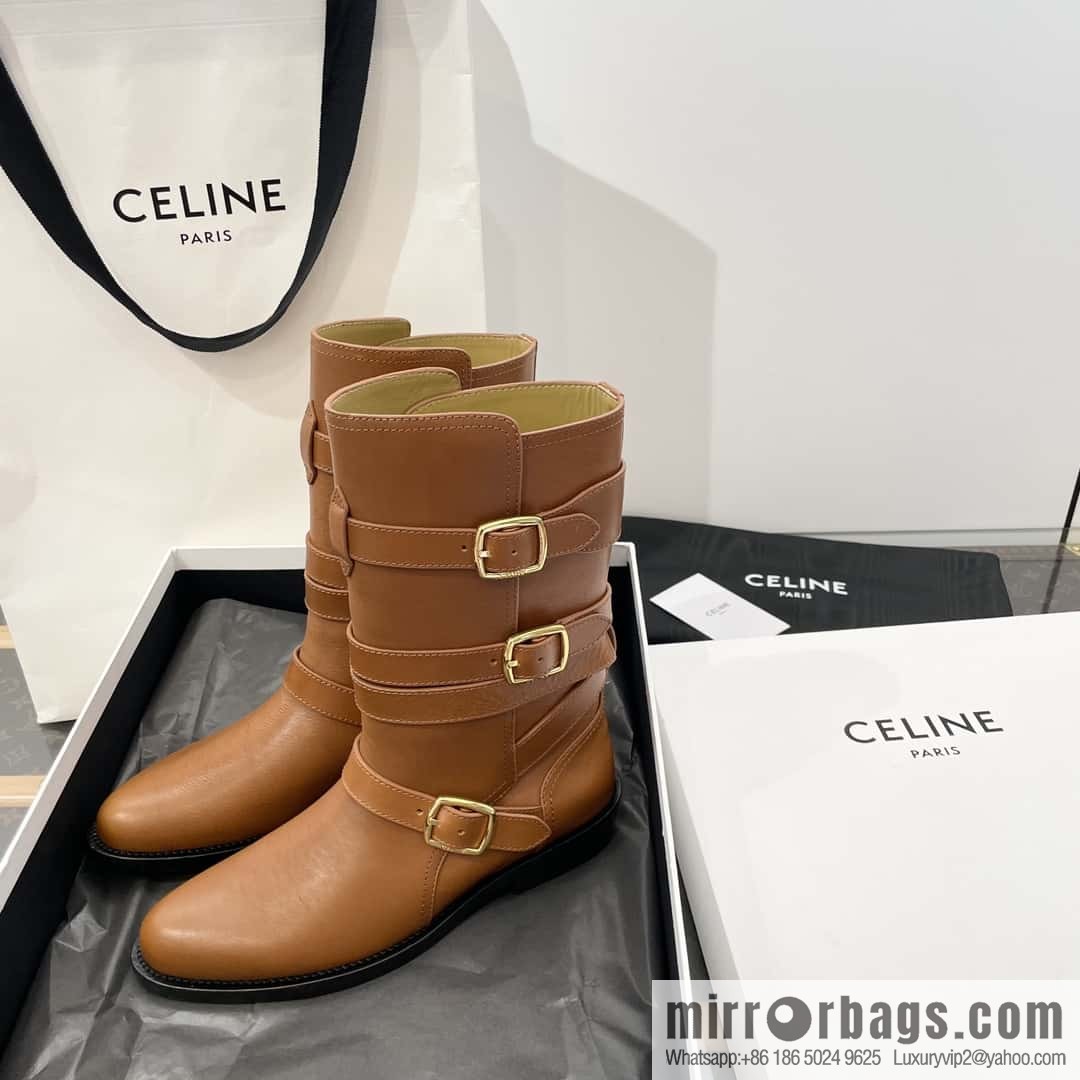 CELINE Vegetable Tanned Cow Leather Medium Tube Lace-Up Locomotive Boots