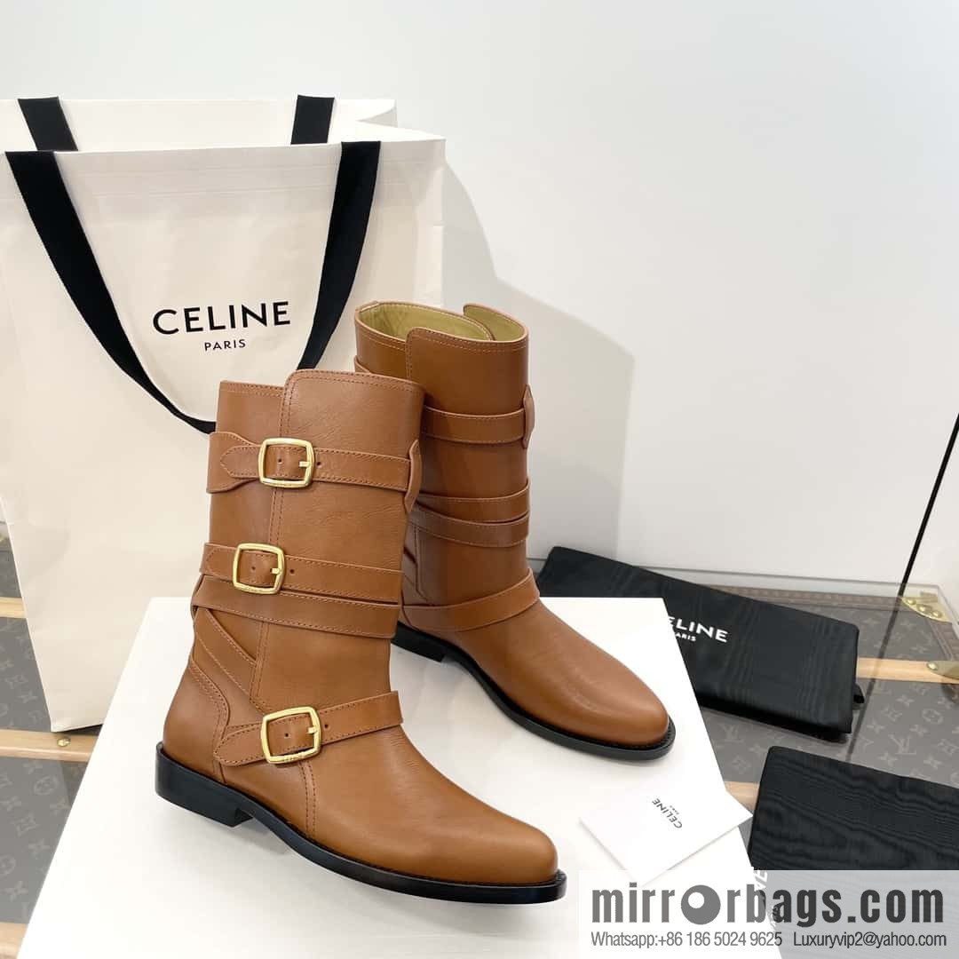 CELINE Vegetable Tanned Cow Leather Medium Tube Lace-Up Locomotive Boots