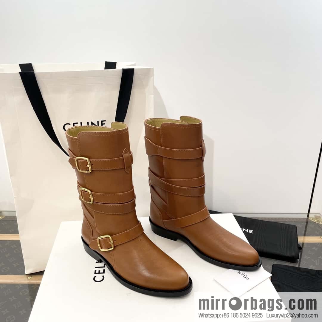 CELINE Vegetable Tanned Cow Leather Medium Tube Lace-Up Locomotive Boots