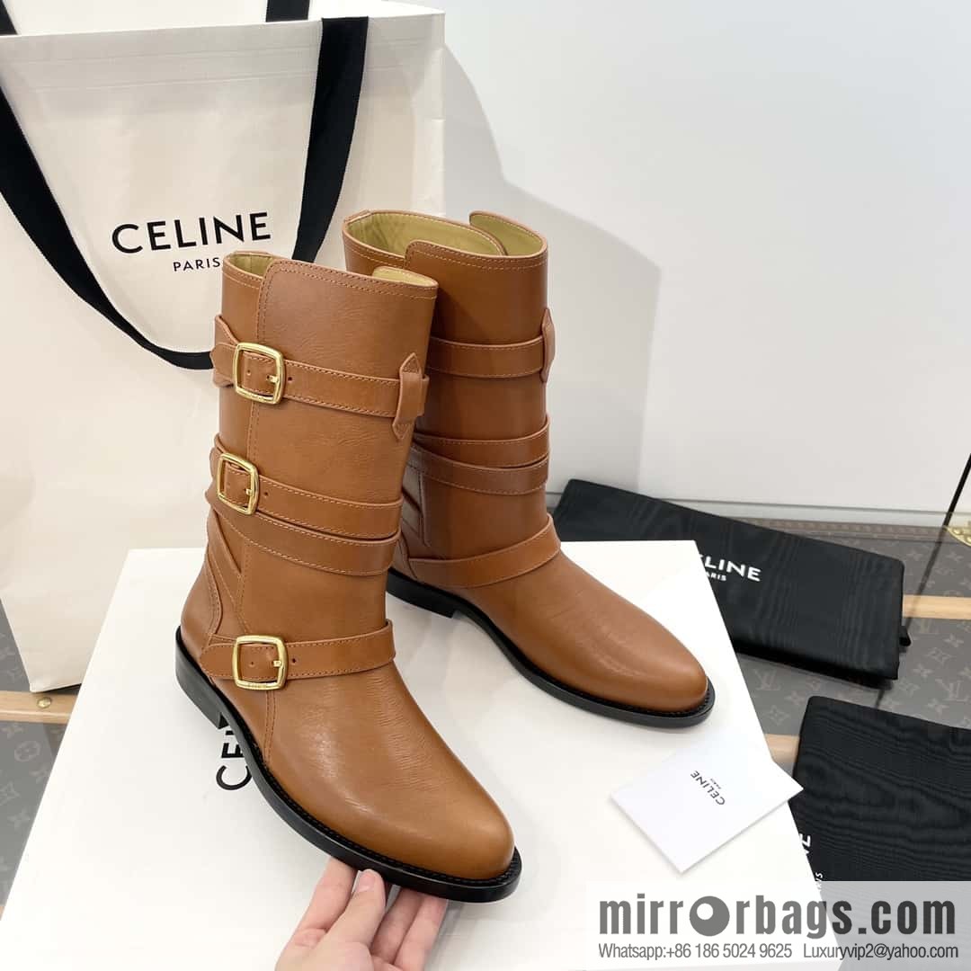 CELINE Vegetable Tanned Cow Leather Medium Tube Lace-Up Locomotive Boots