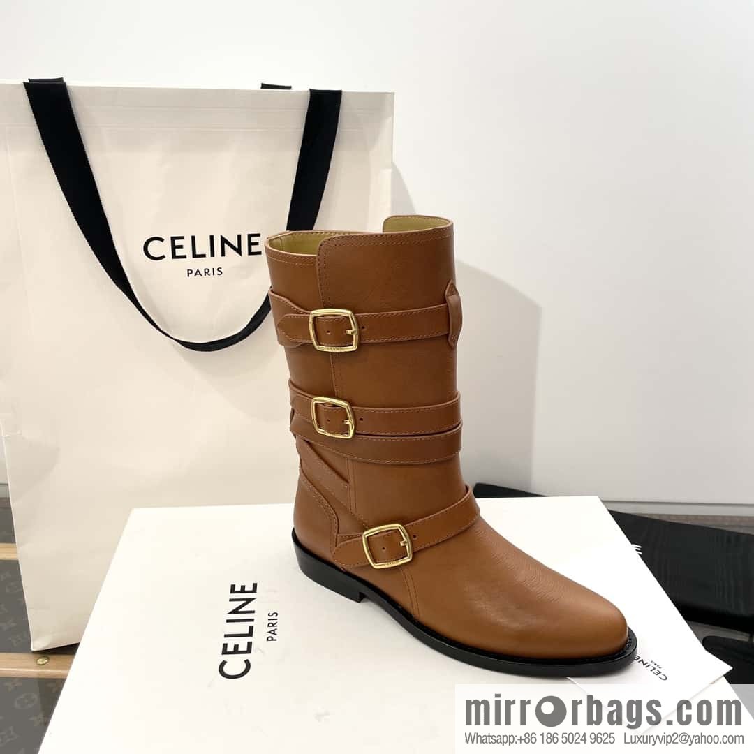 CELINE Vegetable Tanned Cow Leather Medium Tube Lace-Up Locomotive Boots