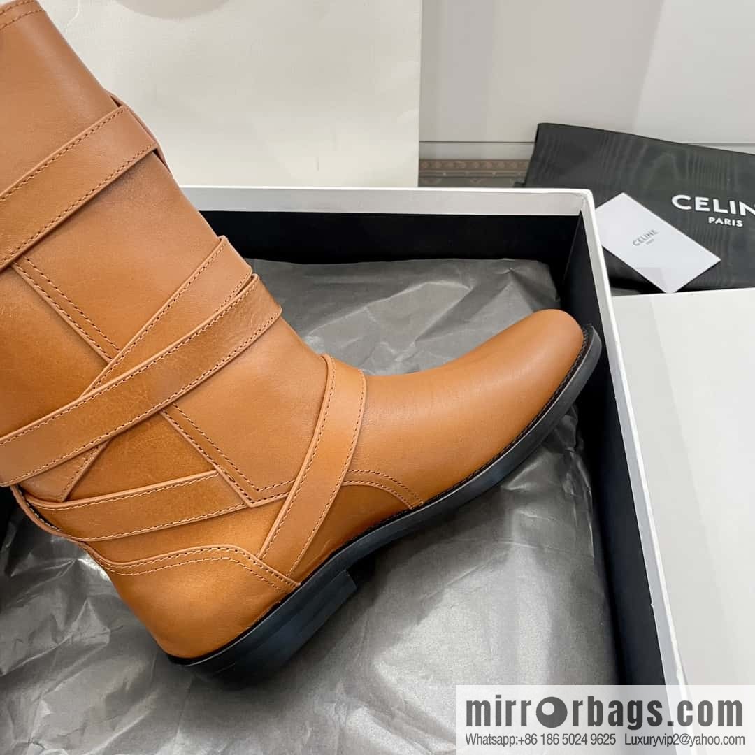CELINE Vegetable Tanned Cow Leather Medium Tube Lace-Up Locomotive Boots