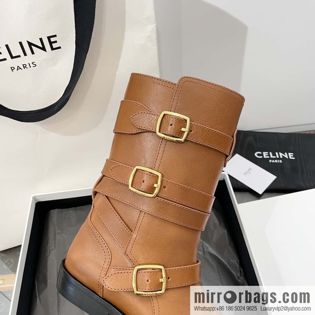 CELINE Vegetable Tanned Cow Leather Medium Tube Lace-Up Locomotive Boots