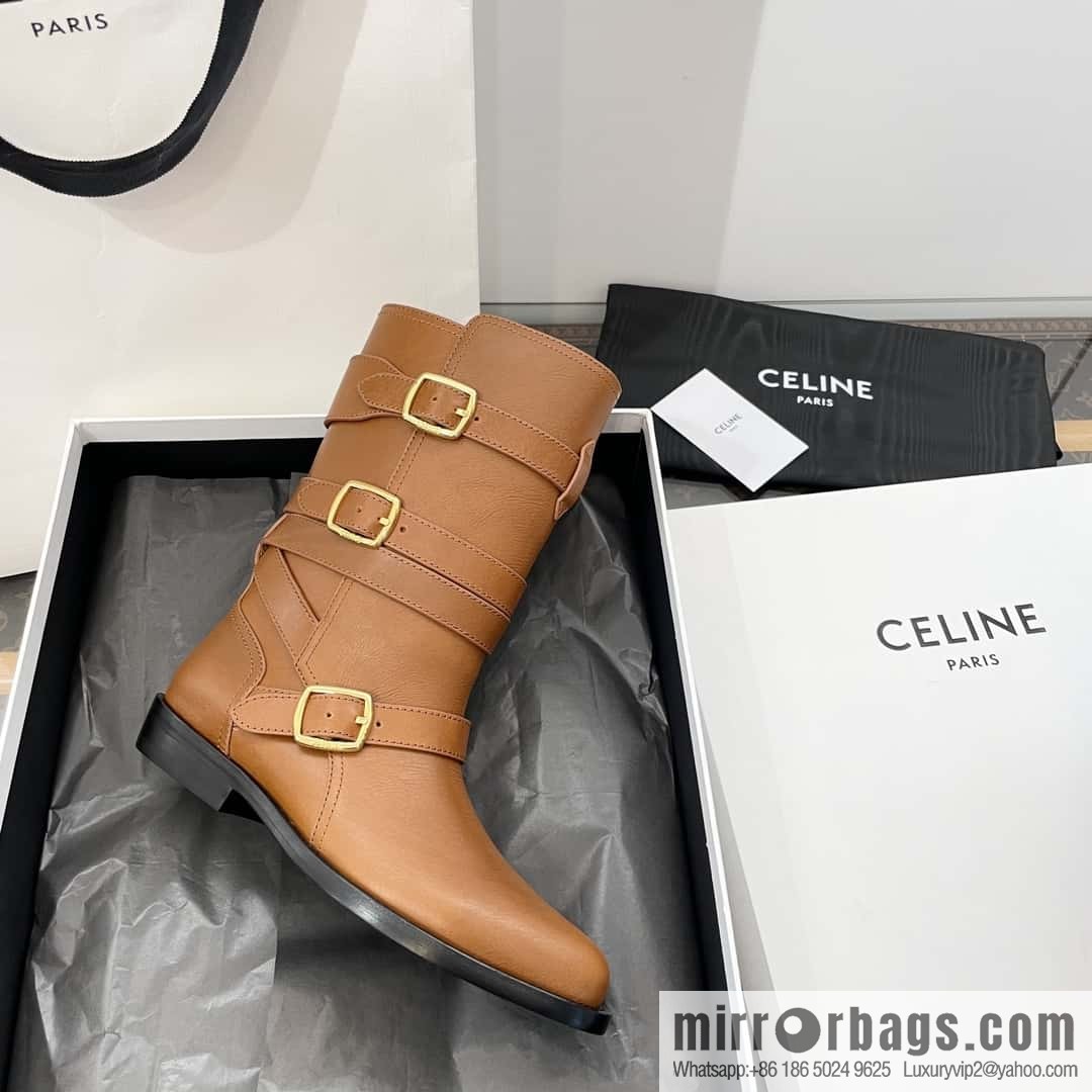 CELINE Vegetable Tanned Cow Leather Medium Tube Lace-Up Locomotive Boots