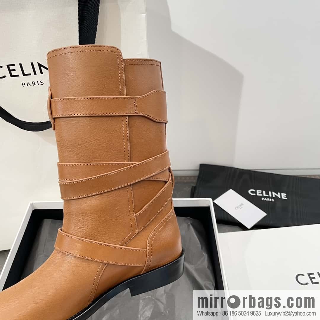 CELINE Vegetable Tanned Cow Leather Medium Tube Lace-Up Locomotive Boots