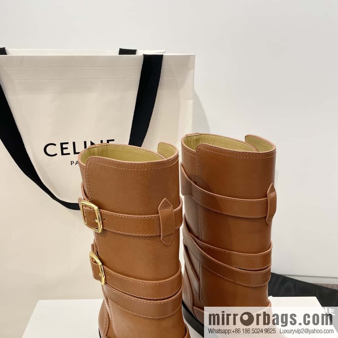 CELINE Vegetable Tanned Cow Leather Medium Tube Lace-Up Locomotive Boots