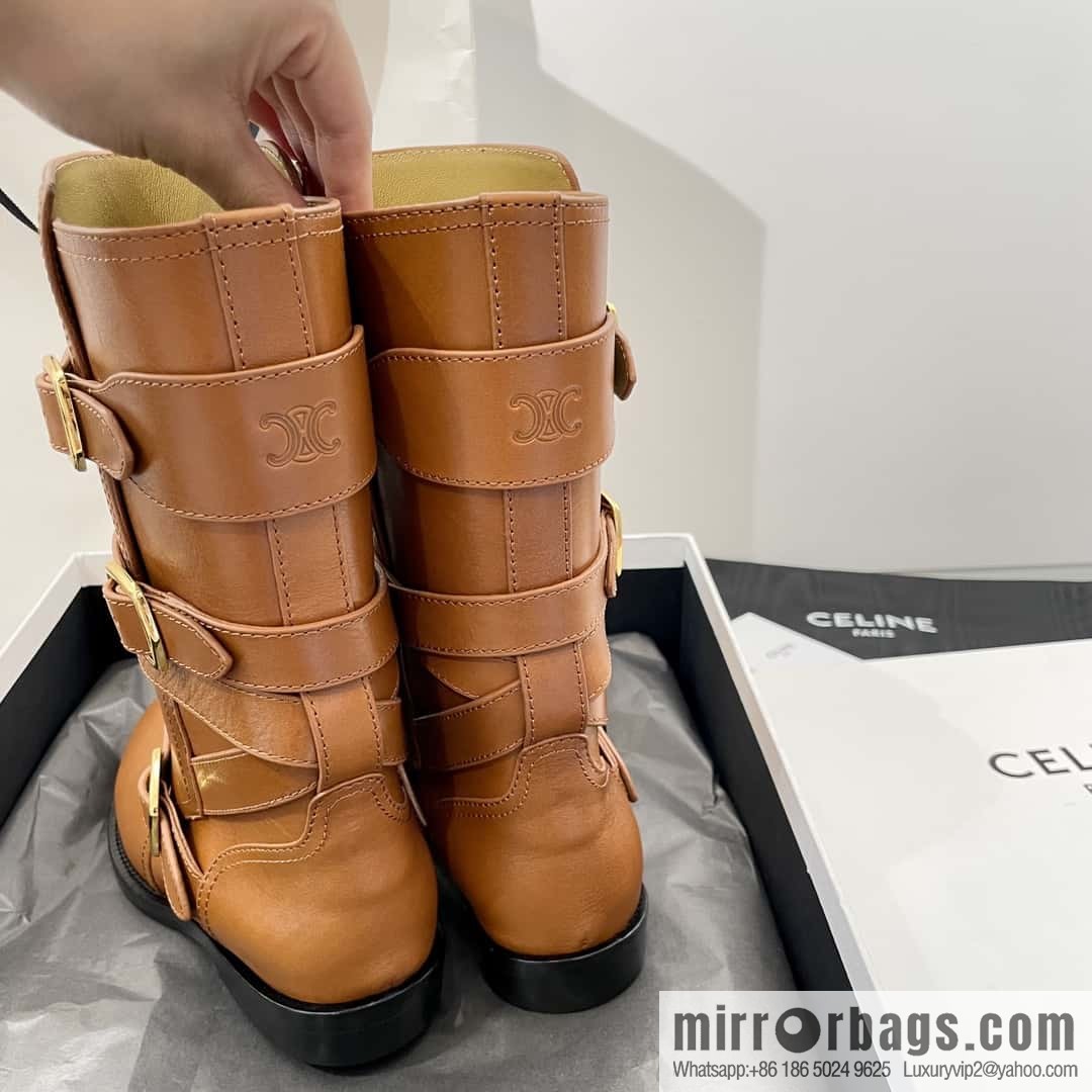 CELINE Vegetable Tanned Cow Leather Medium Tube Lace-Up Locomotive Boots