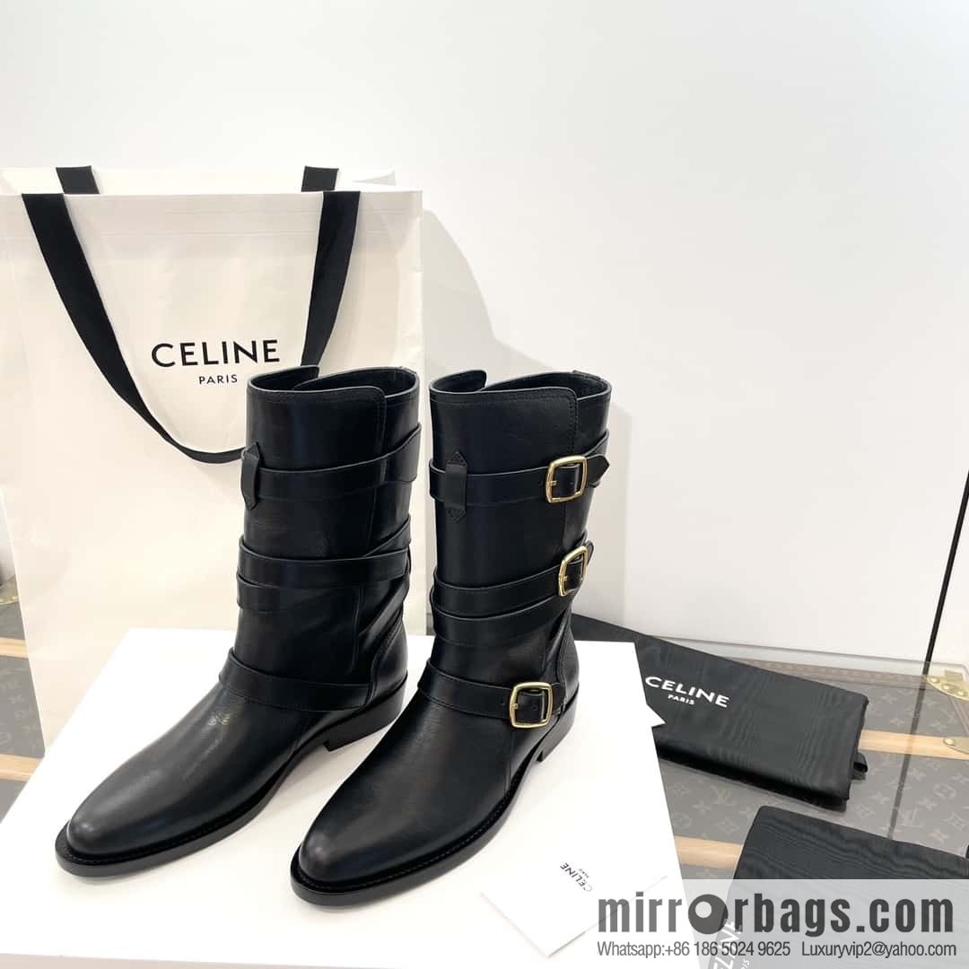 CELINE Vegetable Tanned Cow Leather Medium Tube Lace-Up Locomotive Boots