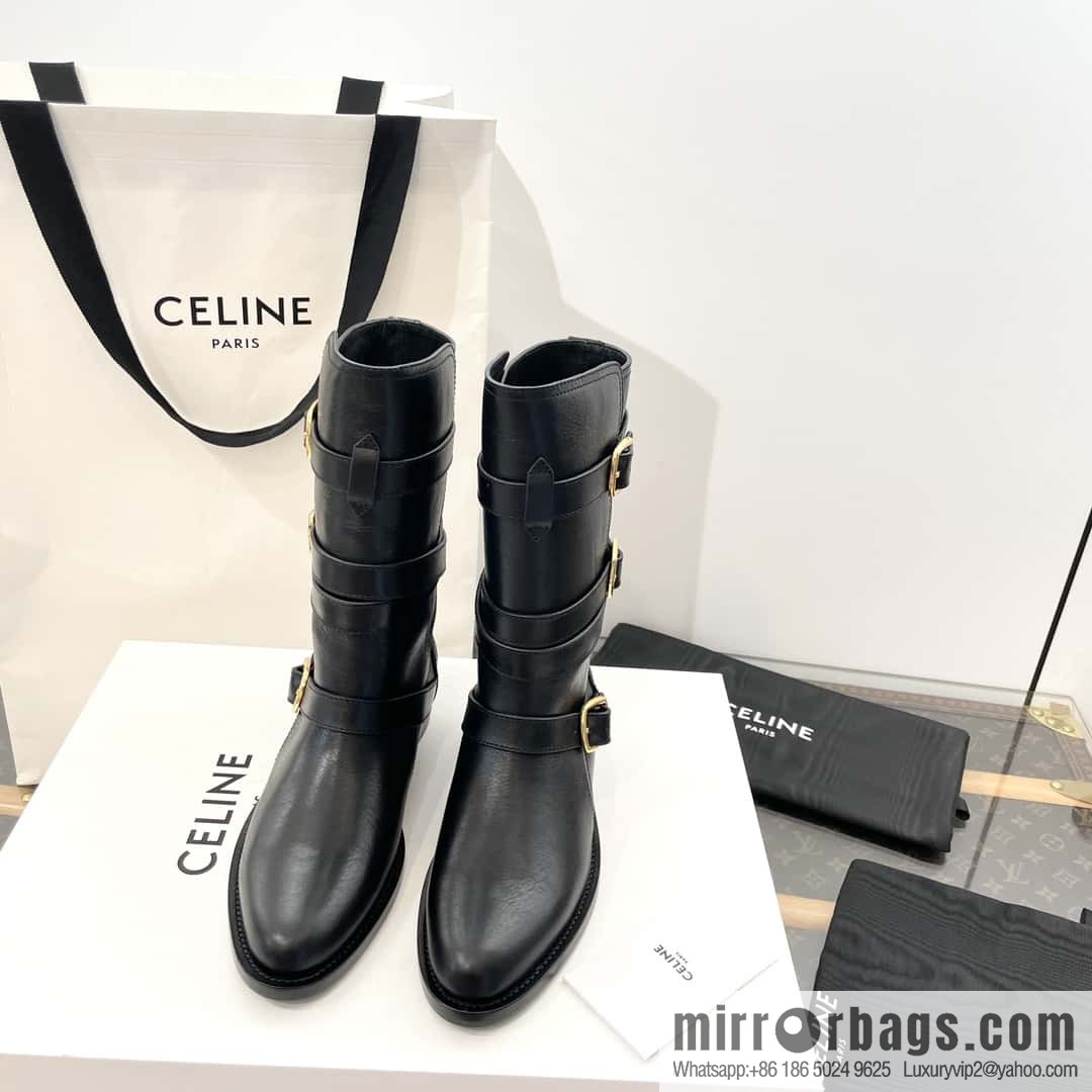CELINE Vegetable Tanned Cow Leather Medium Tube Lace-Up Locomotive Boots