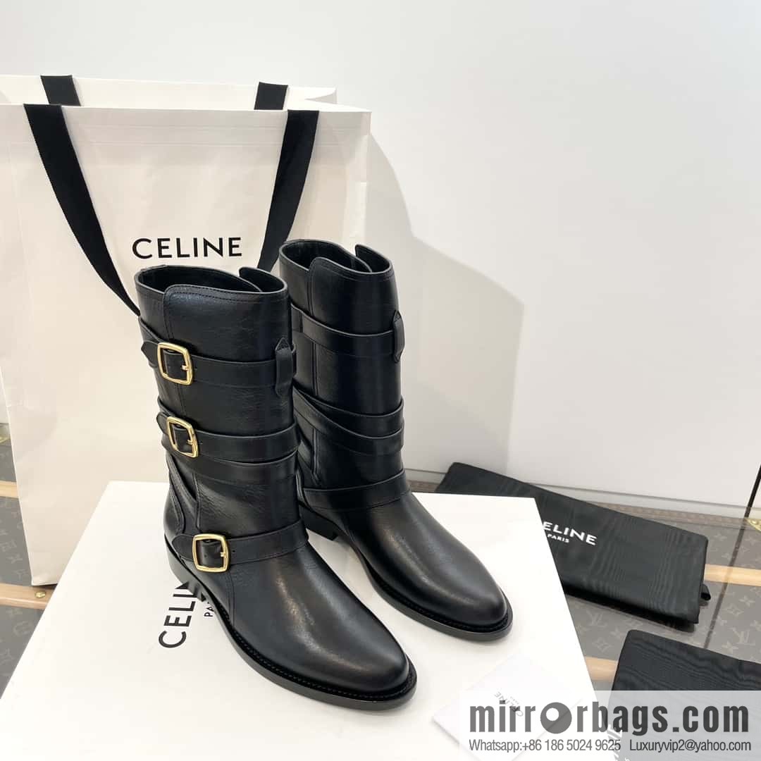 CELINE Vegetable Tanned Cow Leather Medium Tube Lace-Up Locomotive Boots