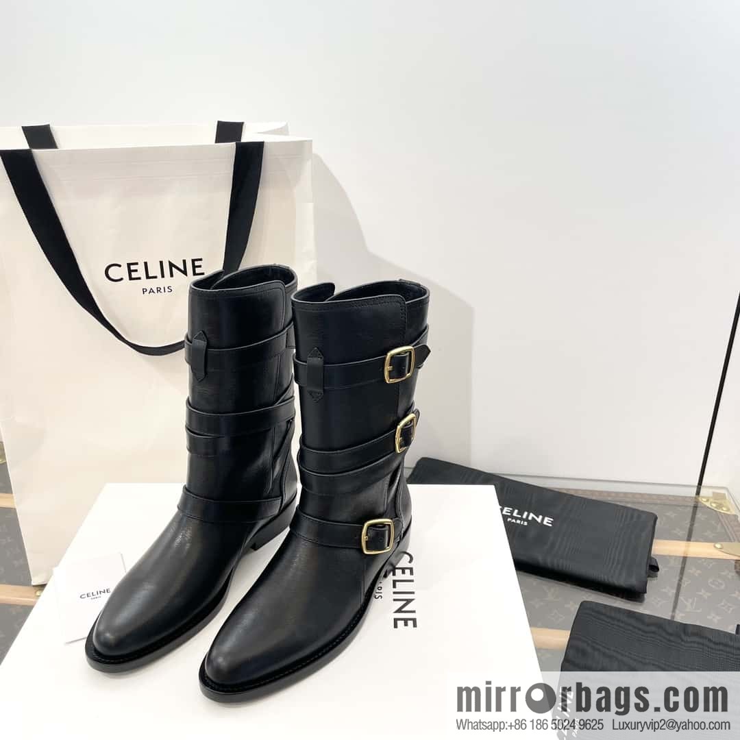 CELINE Vegetable Tanned Cow Leather Medium Tube Lace-Up Locomotive Boots