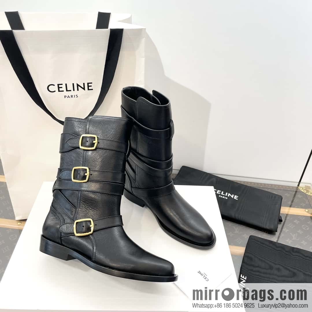 CELINE Vegetable Tanned Cow Leather Medium Tube Lace-Up Locomotive Boots