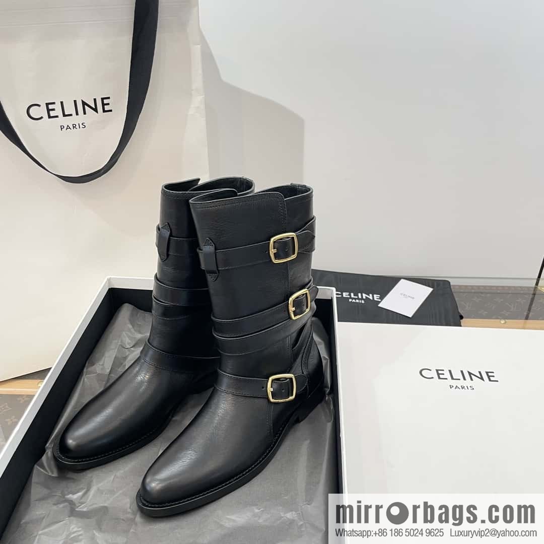 CELINE Vegetable Tanned Cow Leather Medium Tube Lace-Up Locomotive Boots
