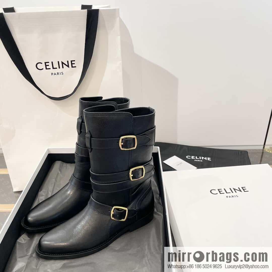 CELINE Vegetable Tanned Cow Leather Medium Tube Lace-Up Locomotive Boots