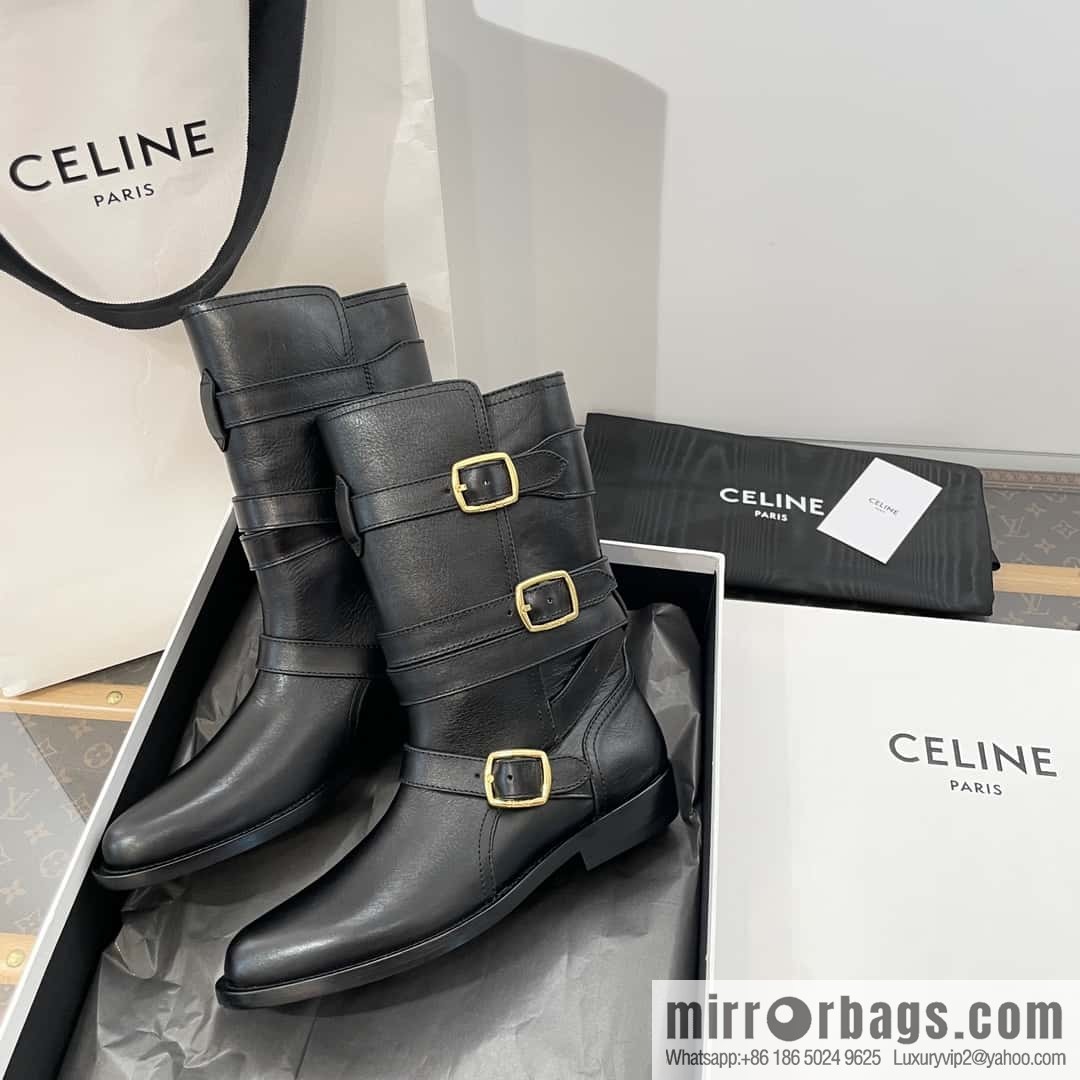 CELINE Vegetable Tanned Cow Leather Medium Tube Lace-Up Locomotive Boots