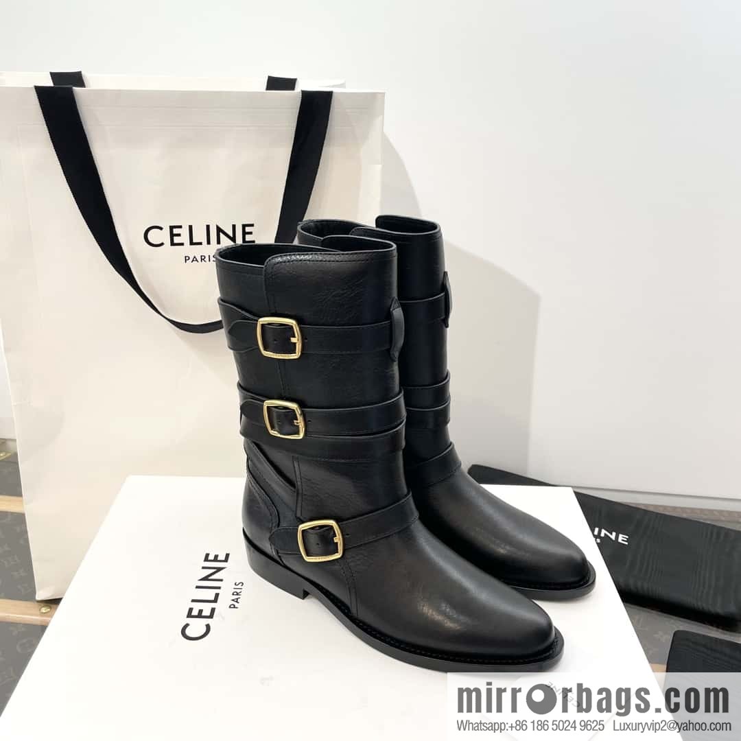 CELINE Vegetable Tanned Cow Leather Medium Tube Lace-Up Locomotive Boots