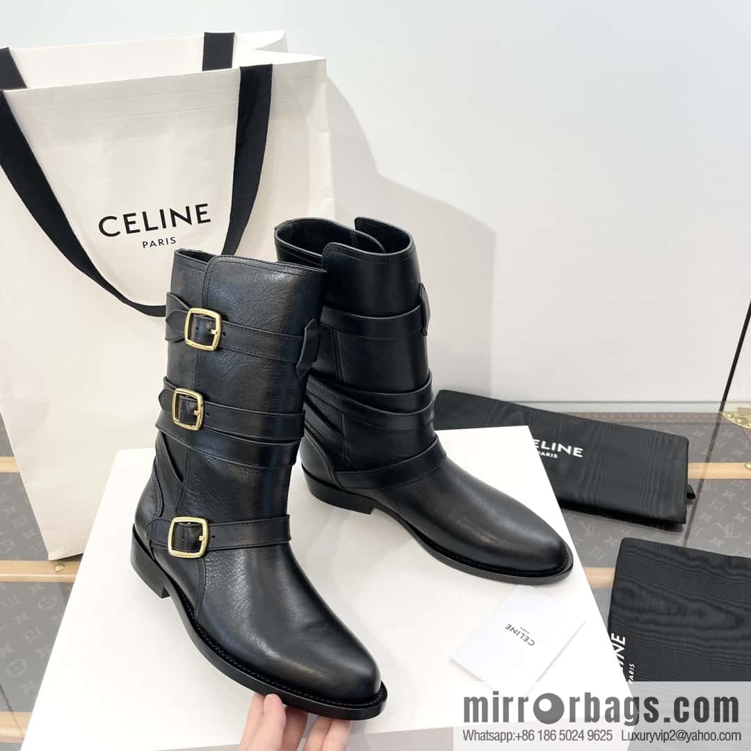 CELINE Vegetable Tanned Cow Leather Medium Tube Lace-Up Locomotive Boots