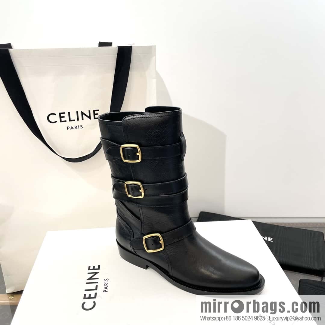 CELINE Vegetable Tanned Cow Leather Medium Tube Lace-Up Locomotive Boots