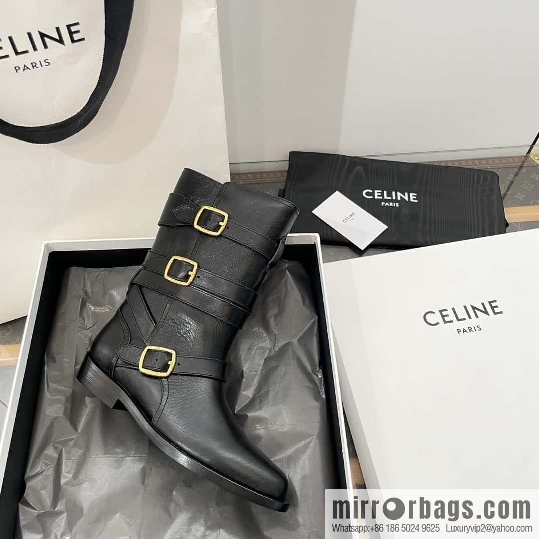 CELINE Vegetable Tanned Cow Leather Medium Tube Lace-Up Locomotive Boots