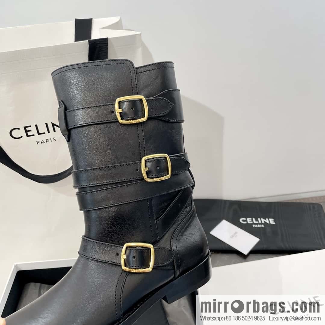 CELINE Vegetable Tanned Cow Leather Medium Tube Lace-Up Locomotive Boots