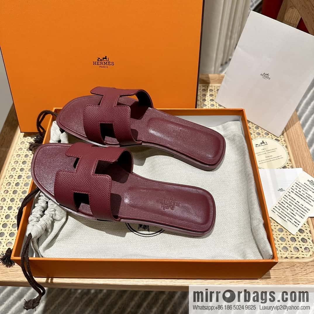 Hermès leather outsole H slippers, burgundy