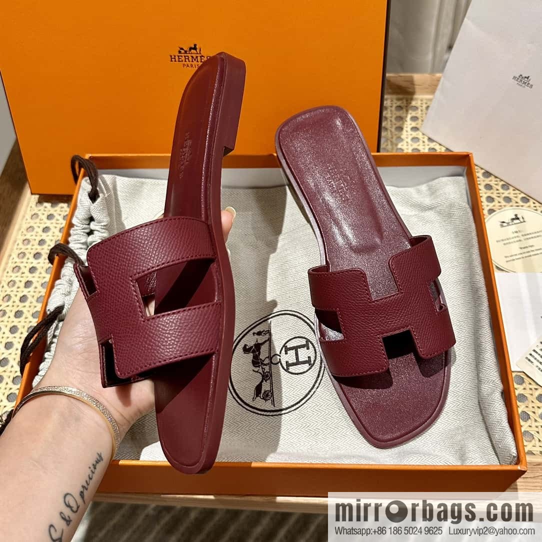 Hermès leather outsole H slippers, burgundy