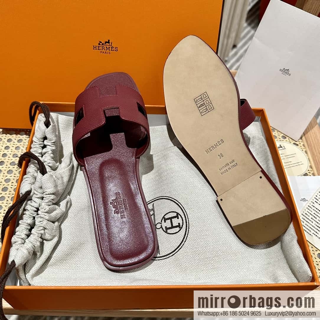Hermès leather outsole H slippers, burgundy