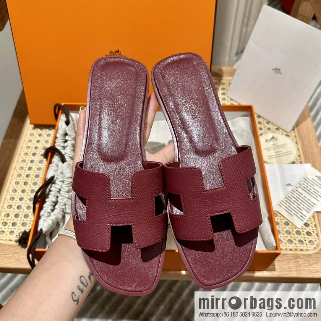 Hermès leather outsole H slippers, burgundy