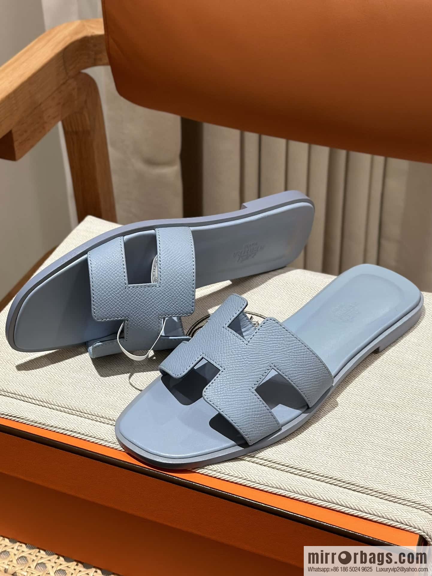 Hermès leather outsole H slippers, haze blue