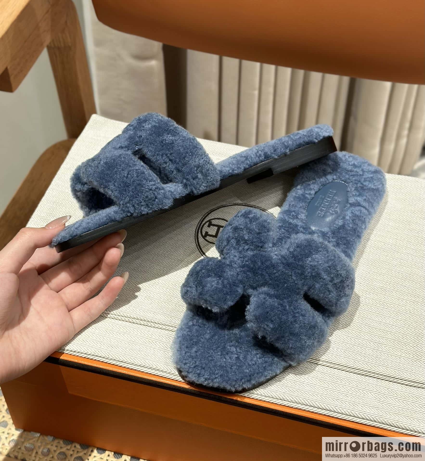 Hermès Lamb Fur H Slippers