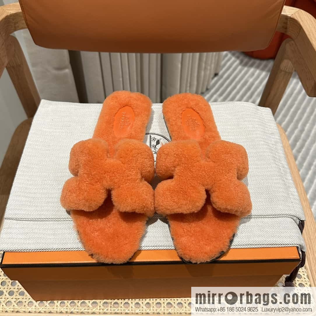 Hermès Lamb Fur H Slippers