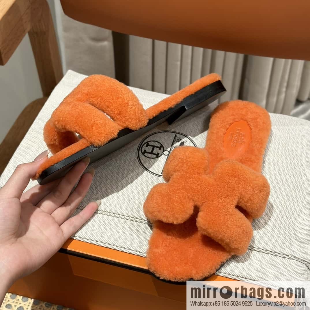 Hermès Lamb Fur H Slippers