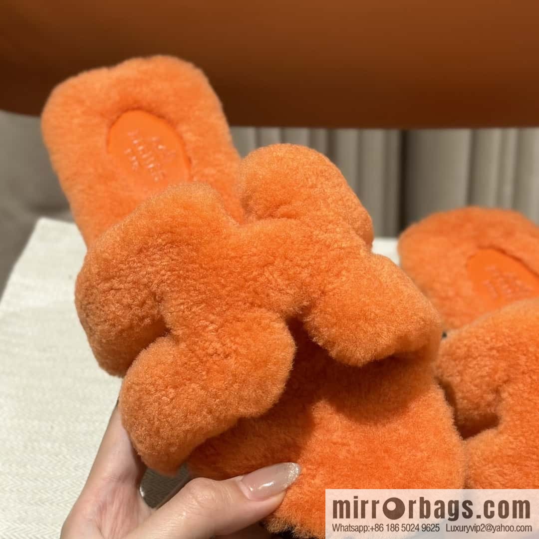 Hermès Lamb Fur H Slippers