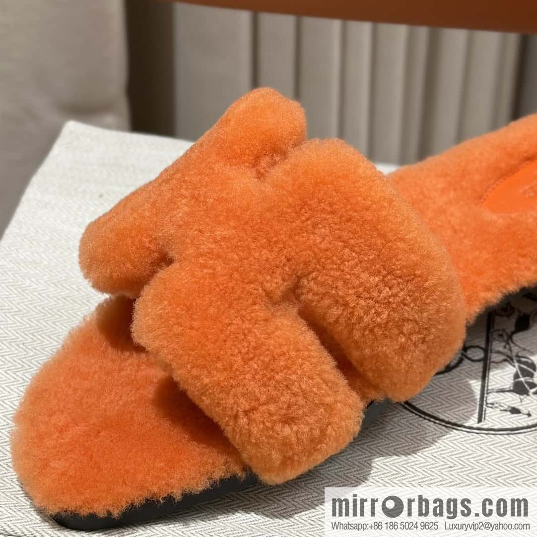 Hermès Lamb Fur H Slippers