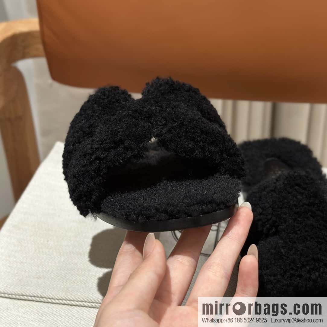 Hermès Lamb Fur H Slippers