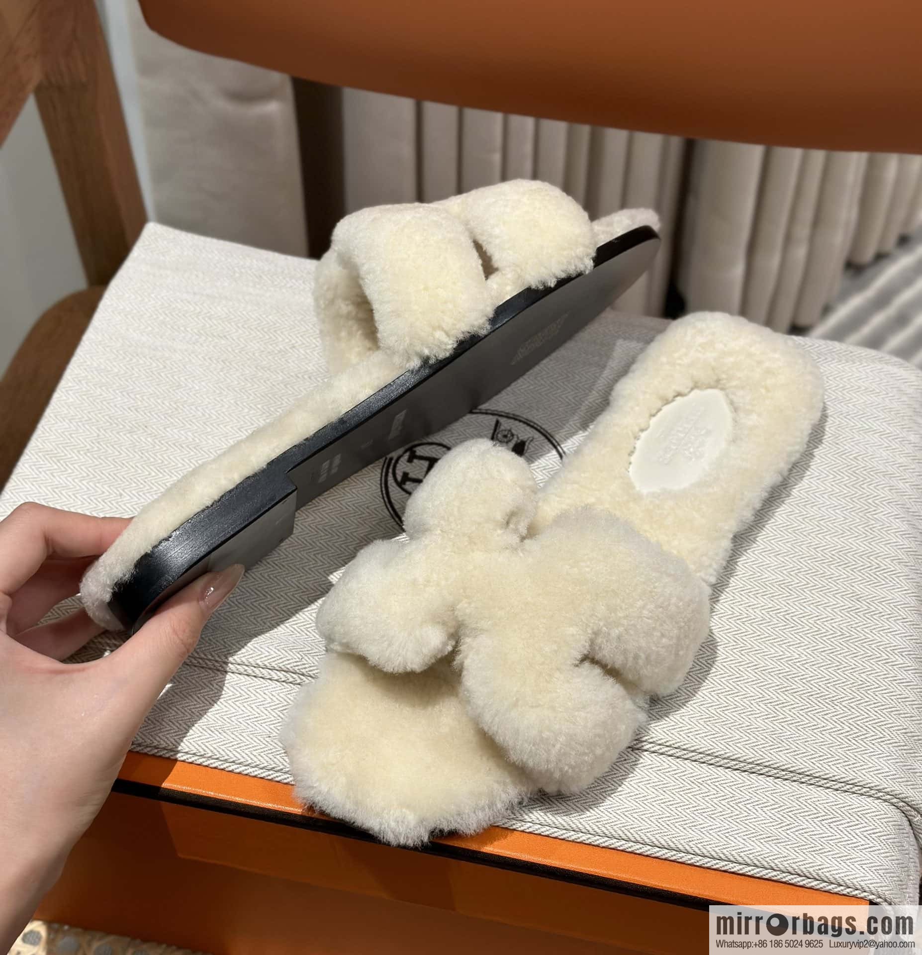 Hermès Lamb Fur H Slippers