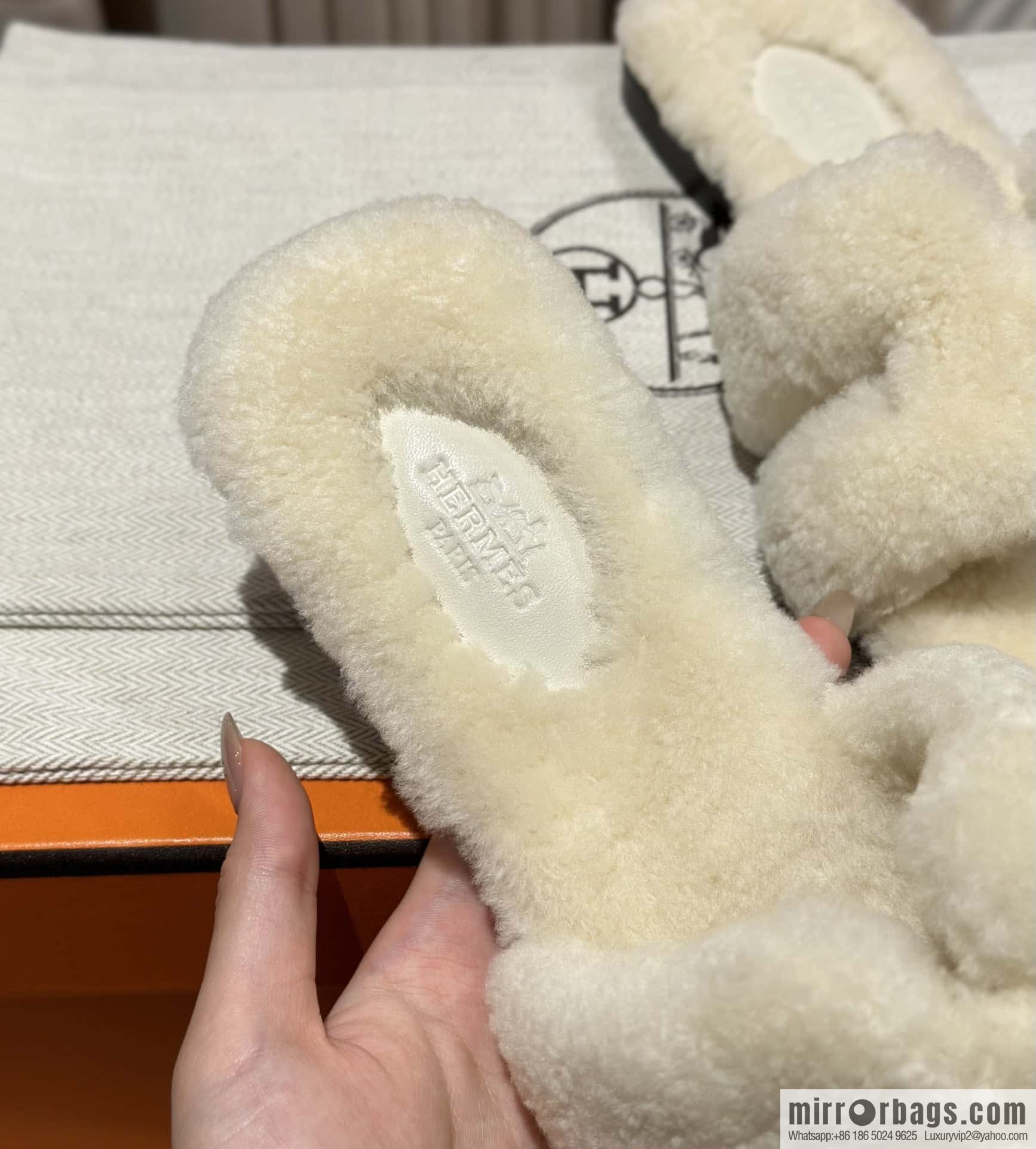 Hermès Lamb Fur H Slippers