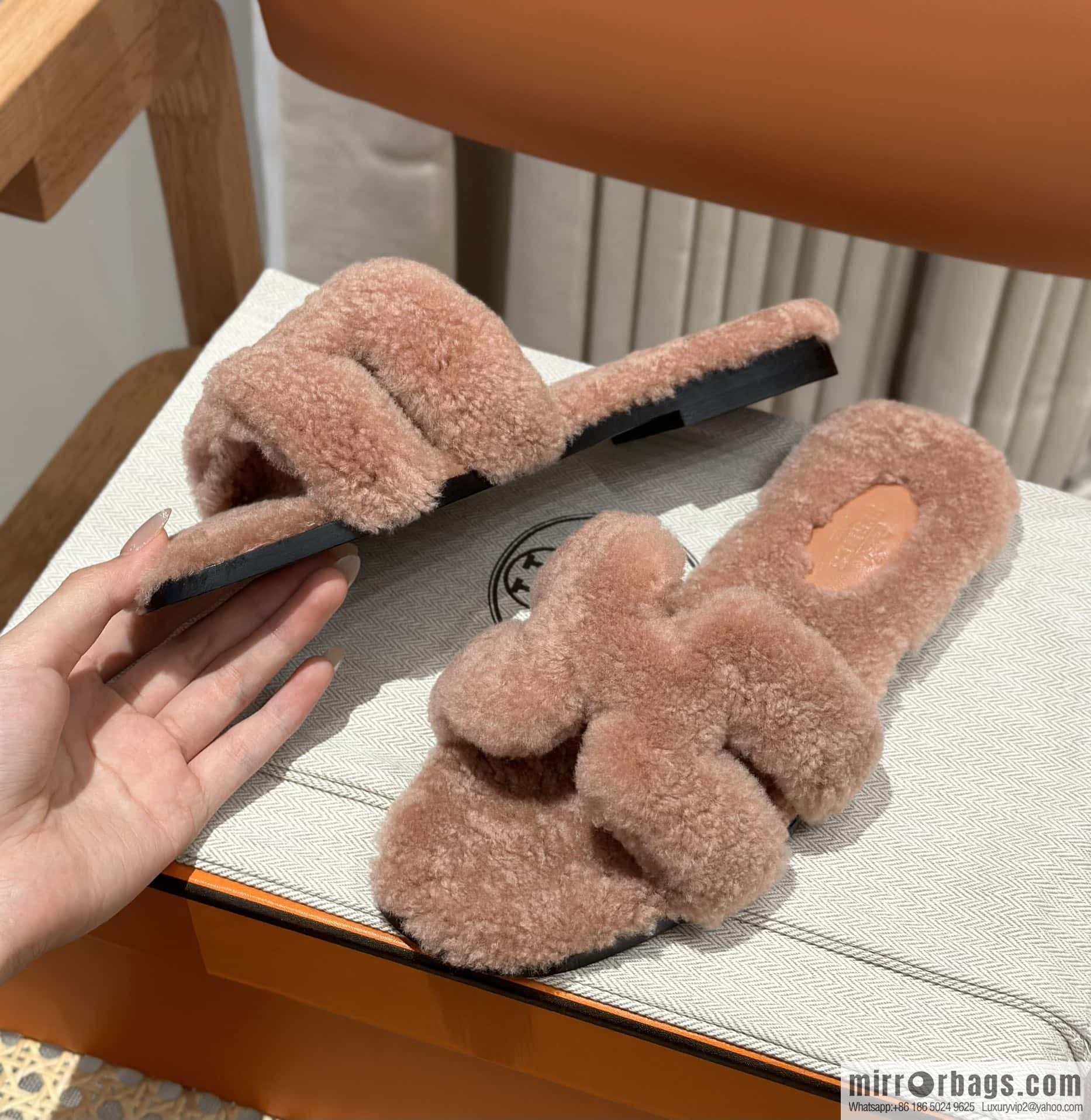 Hermès Lamb Fur H Slippers