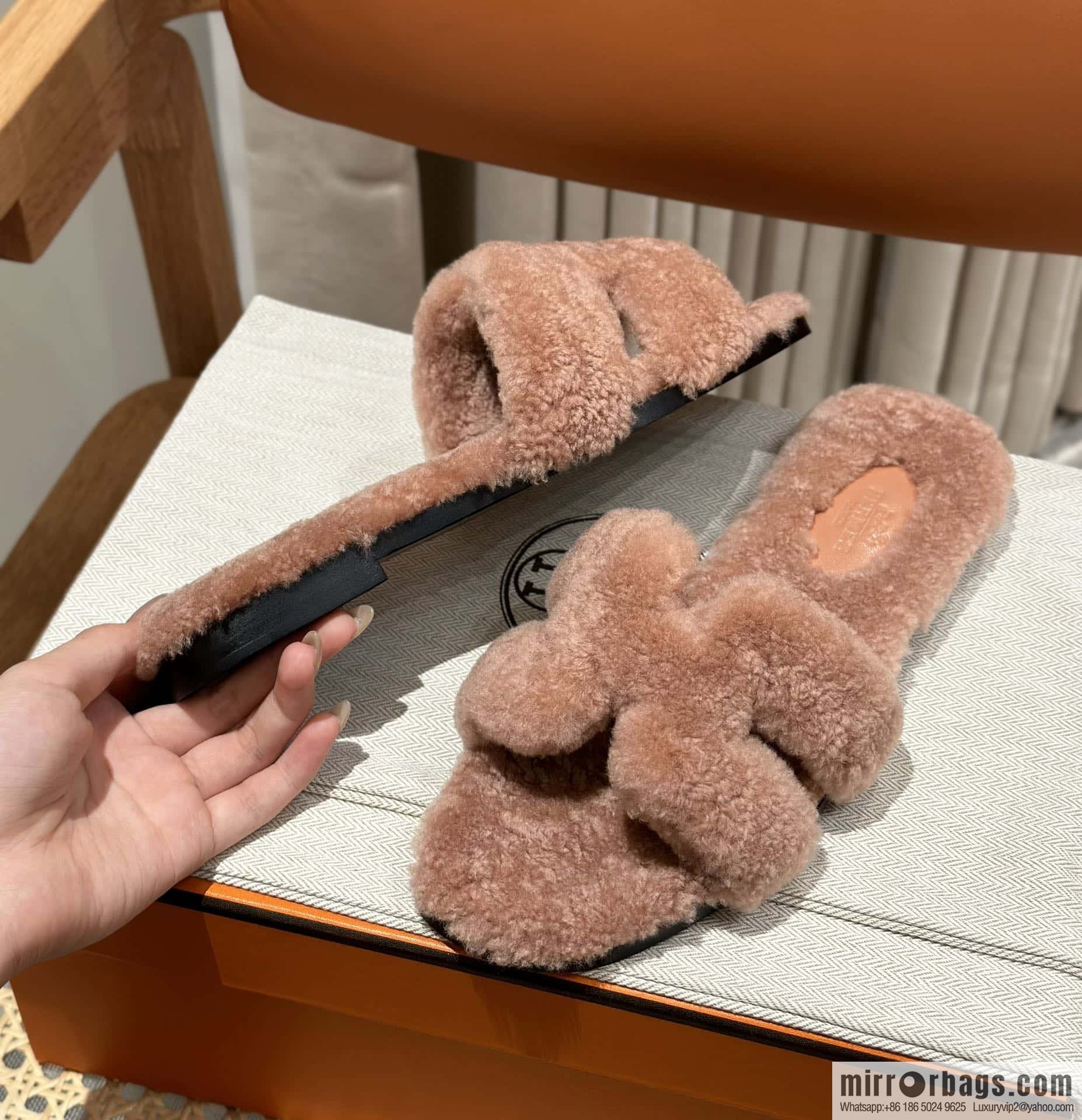 Hermès Lamb Fur H Slippers