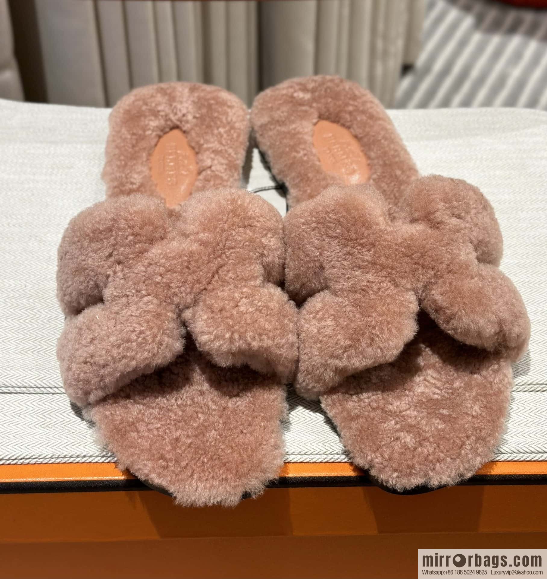 Hermès Lamb Fur H Slippers