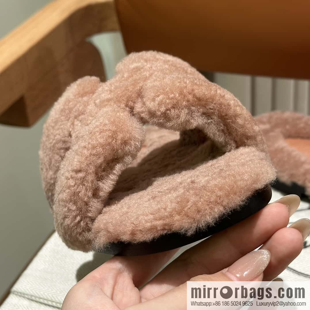 Hermès Lamb Fur H Slippers