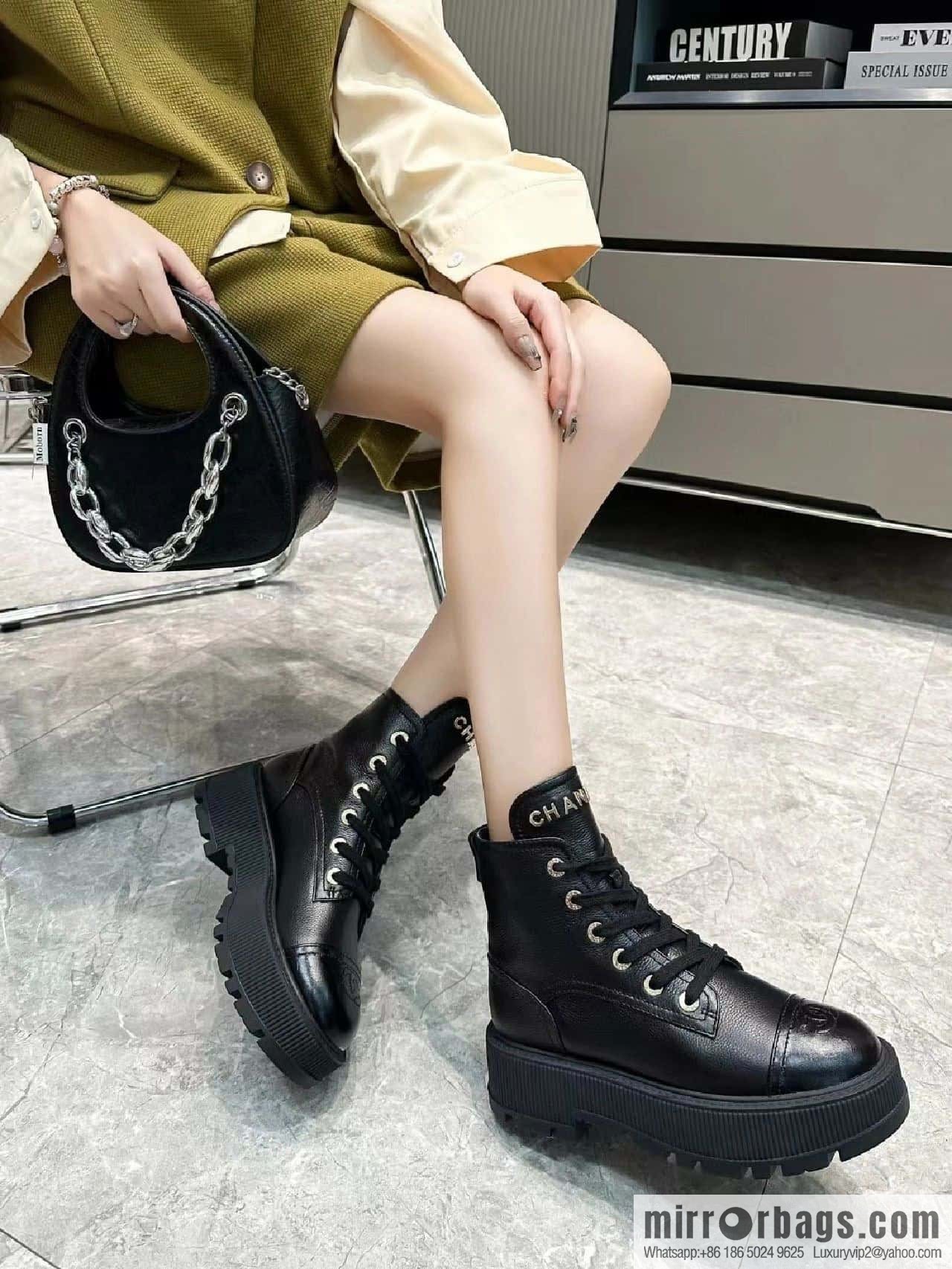 CHANEL Xiaoxiang thick-soled lace-up Martin booties